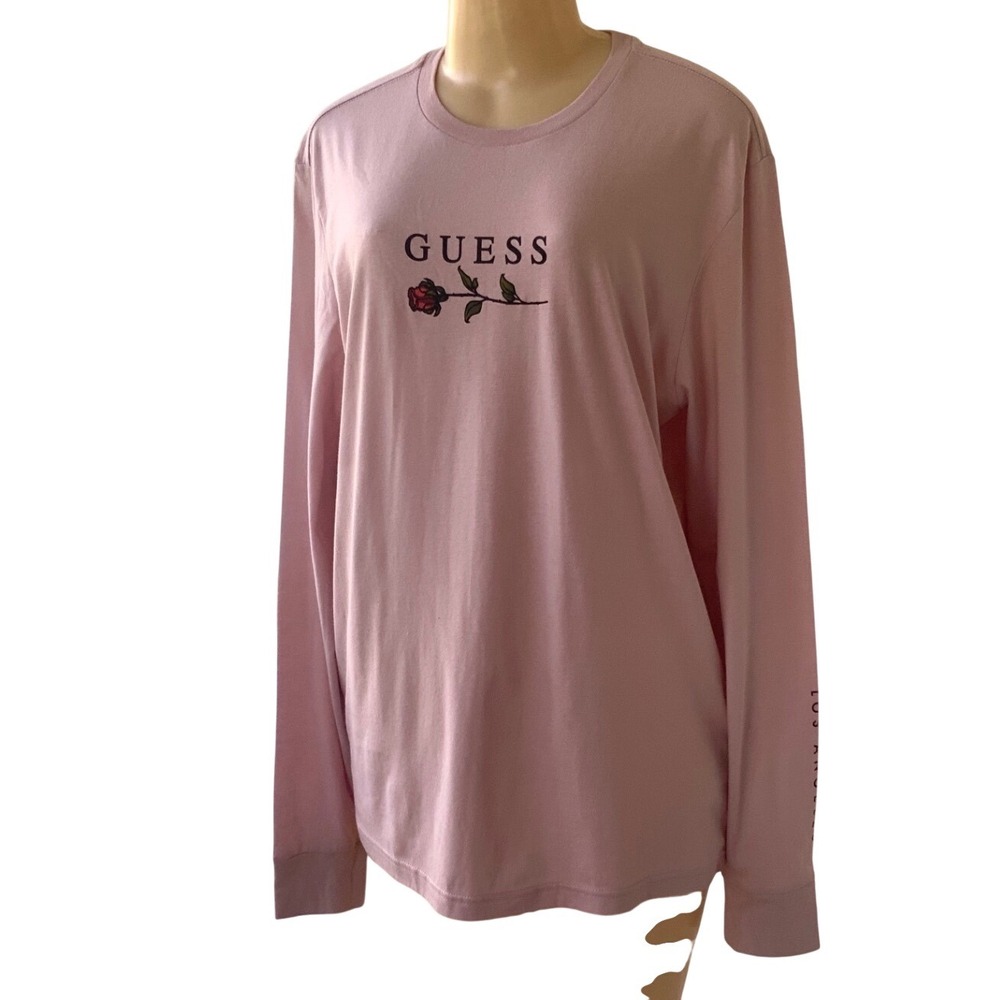 Guess Los Angeles Pink Rose Snake Graphic Long Sleeve Tee Shirt Women's L Large